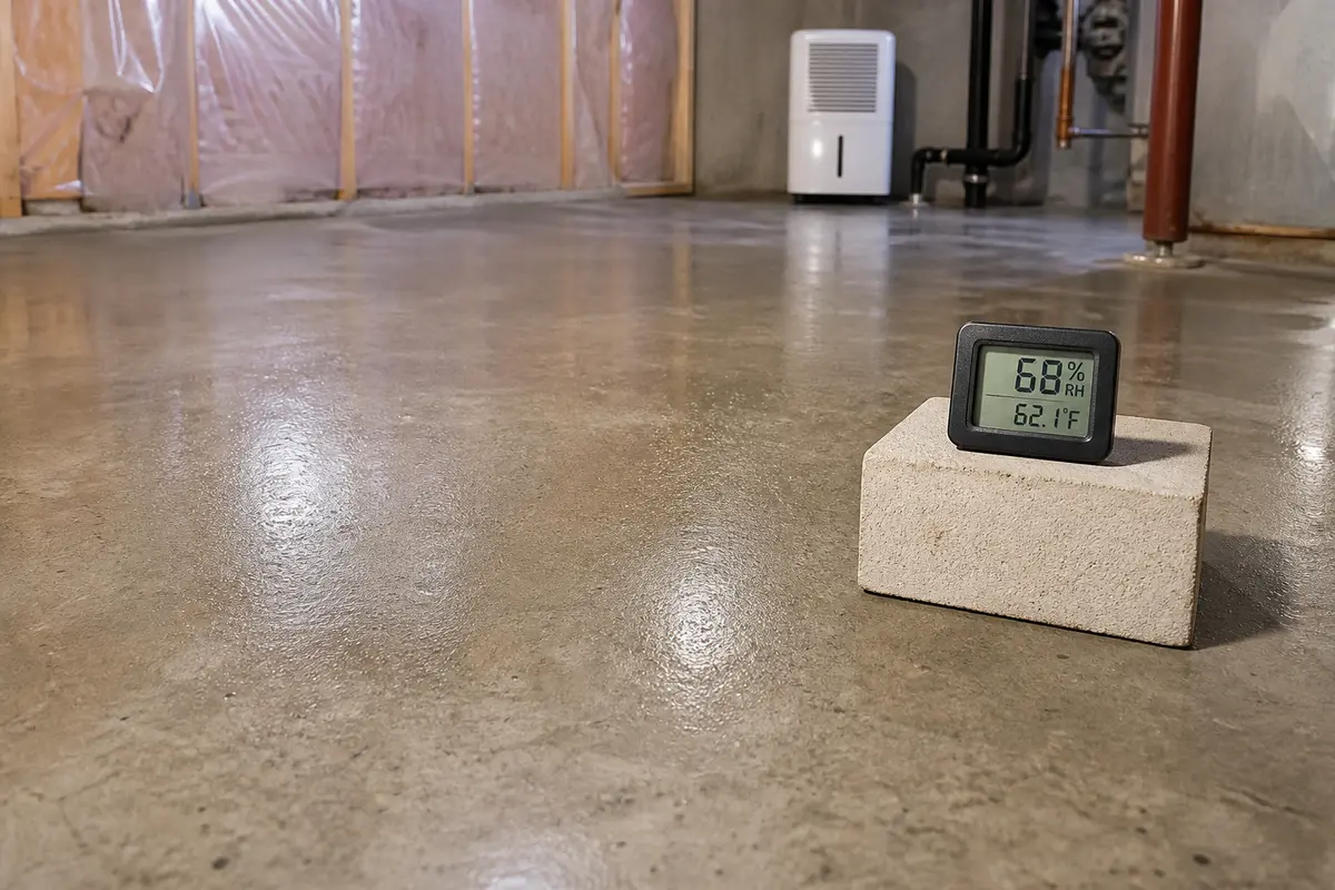 Humidity check setup on a damp basement concrete floor