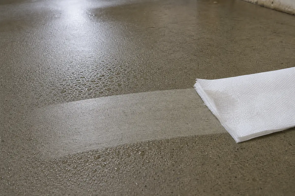 Paper towel check on a sweating basement floor condensation film