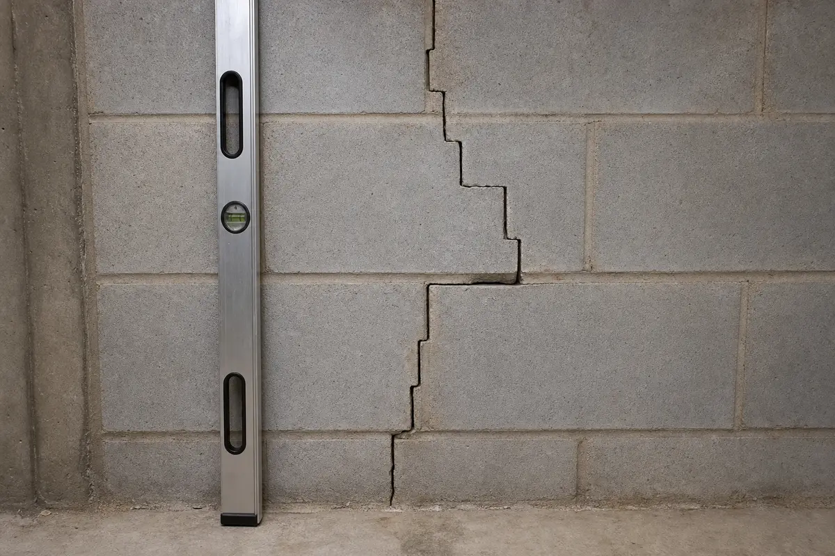 Straightedge checking offset along a basement stair-step crack