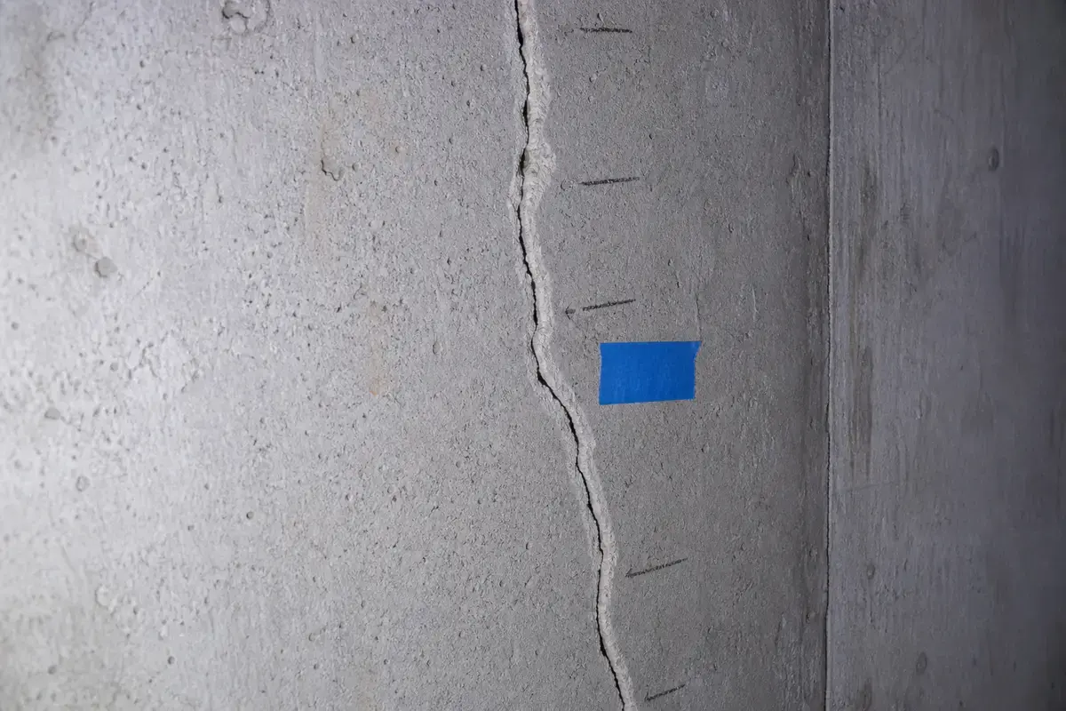 Thin vertical crack in a basement foundation wall marked for monitoring