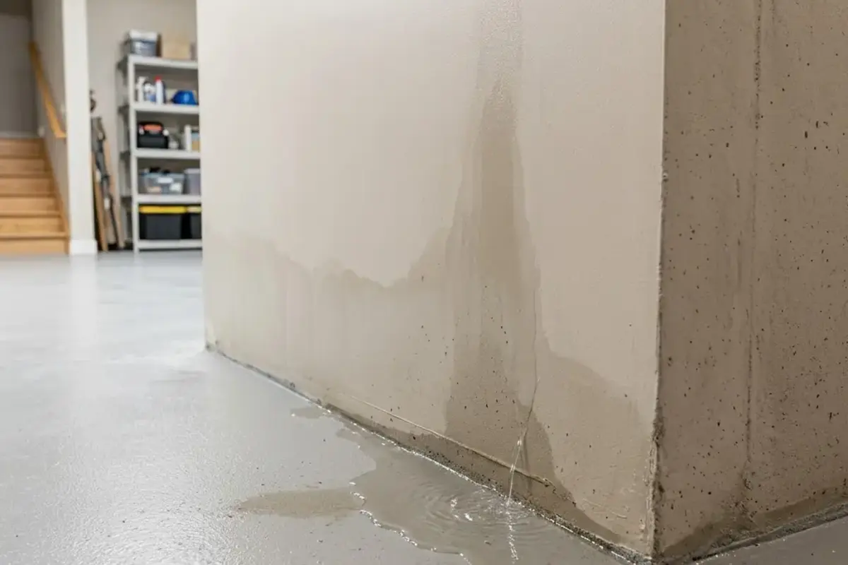Basement wall leaking diagnostic overview showing interior dampness and stain pattern