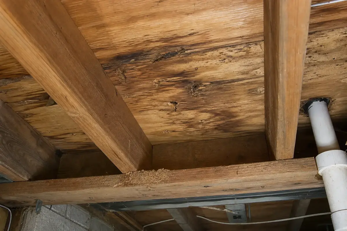 Moisture-stained subfloor underside with carpenter ant frass near a basement joist bay