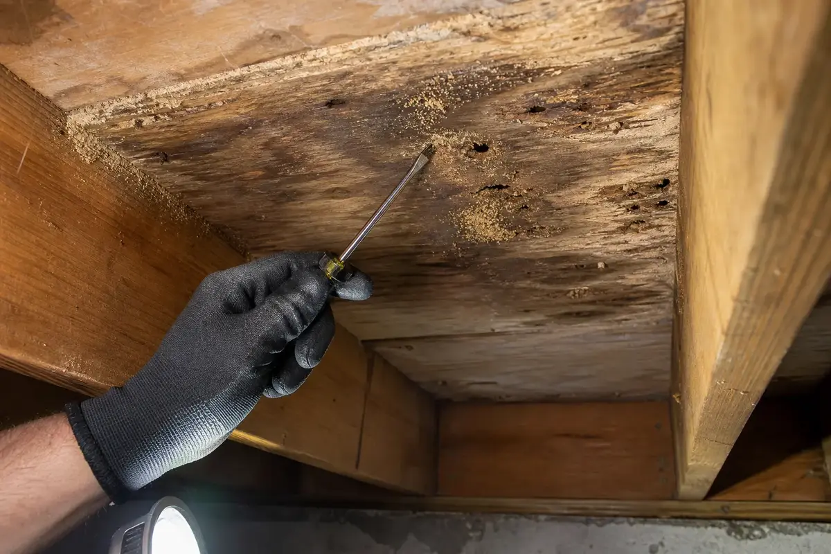 Gloved hand probing a softened subfloor underside with carpenter ant galleries