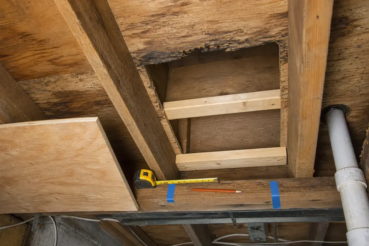 Subfloor cutout with new blocking supporting a replacement panel edge
