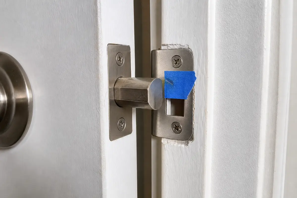 Door won't close latch and strike plate contact mark with painter tape