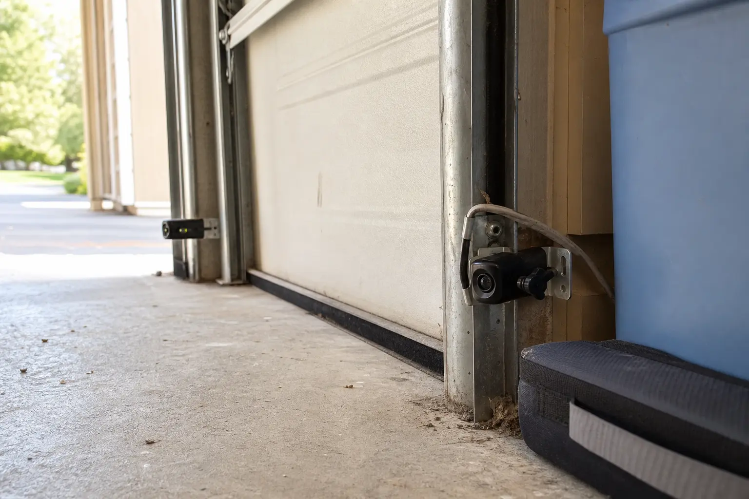 Garage door safety sensors near the floor checked for alignment before closing