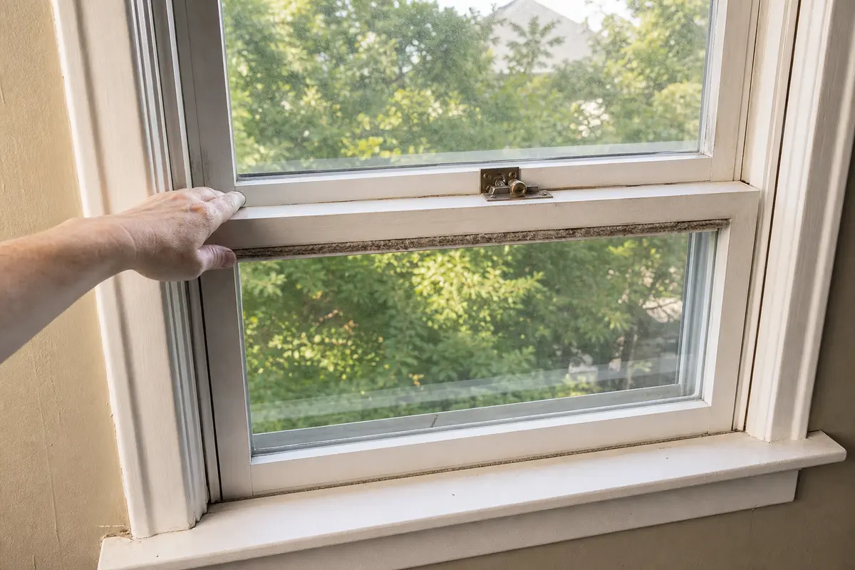 Hand checking sash movement on a rattling window before buying replacement parts