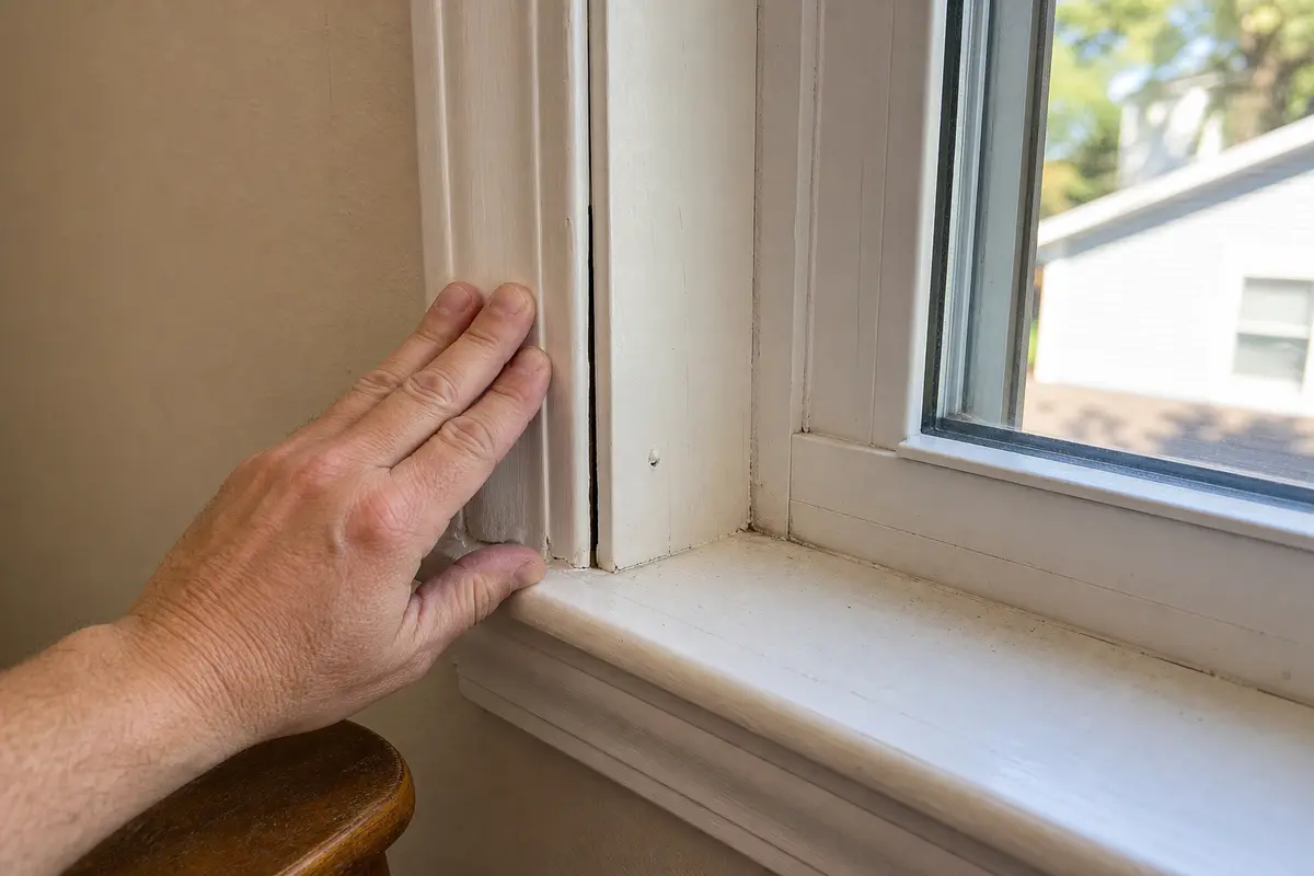 Loose interior window trim gap being checked as a possible source of wind rattle