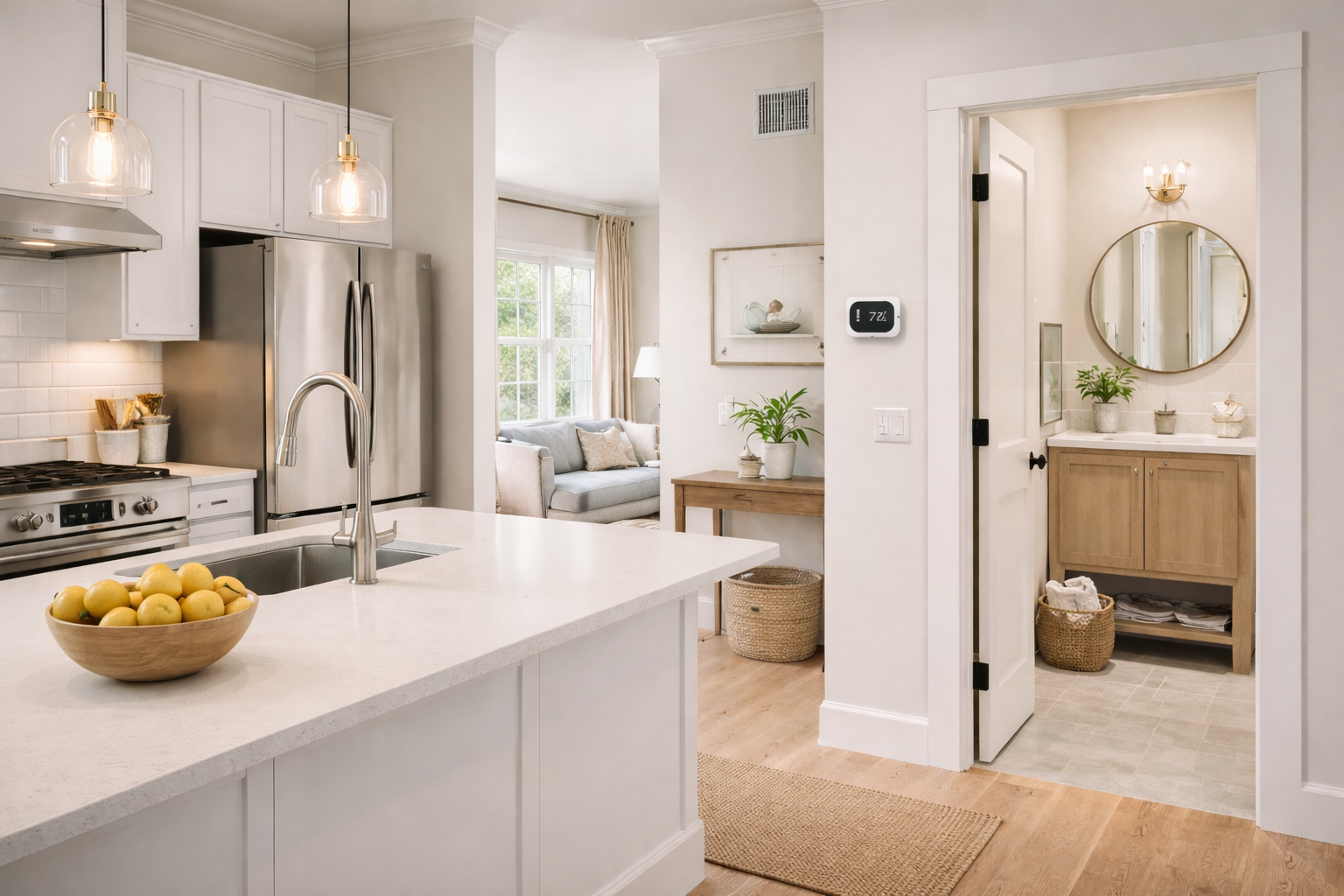 Bright residential home scene representing appliance, plumbing, electrical, HVAC, indoor, and outdoor repair topics