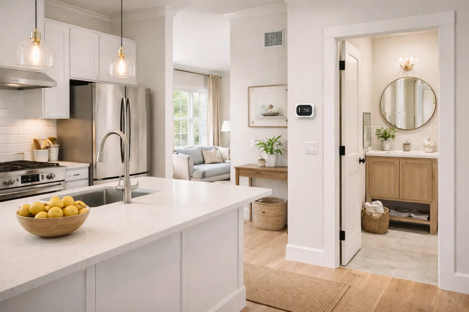 Bright residential home scene representing appliance, plumbing, electrical, HVAC, indoor, and outdoor repair topics