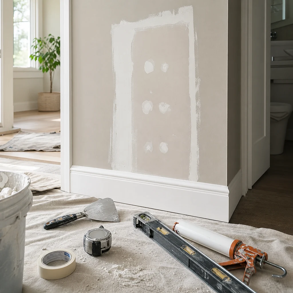 Drywall patch and trim repair tools in a clean home work area