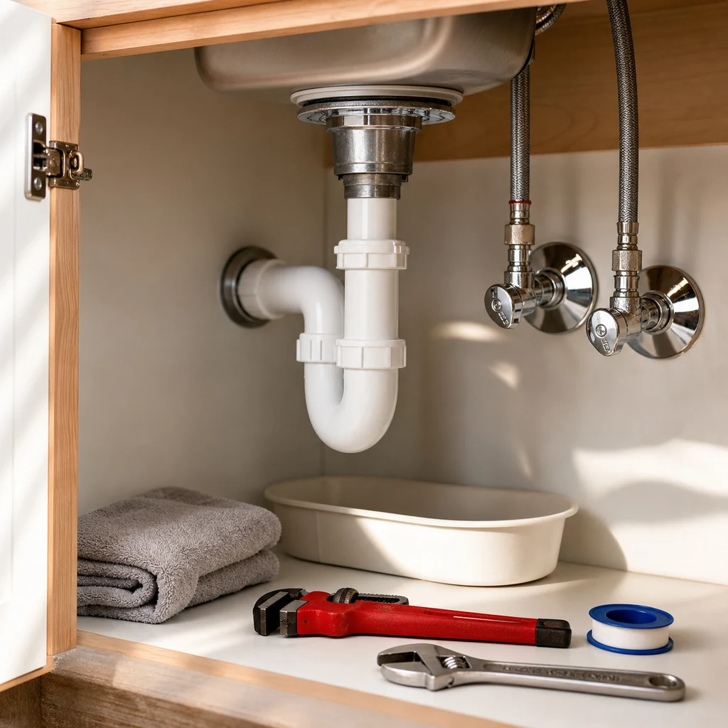 Under-sink drain trap, shutoff valves, and plumbing repair tools