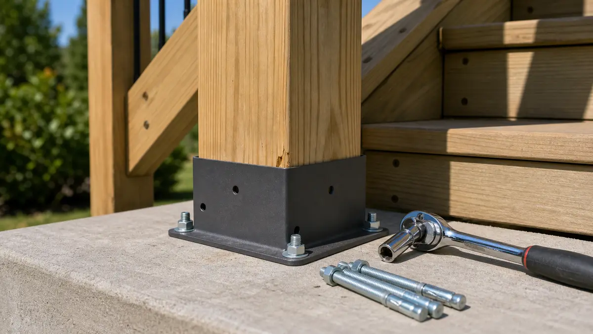 Deck stair railing post in a metal base bracket with anchor bolts visible