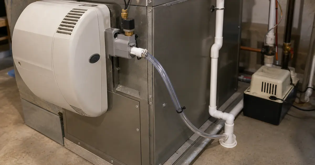 Furnace humidifier drain tubing connected to outlet and routed downhill