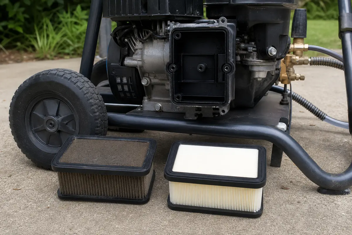 Pressure washer air filter removed beside an open air filter housing for replacement