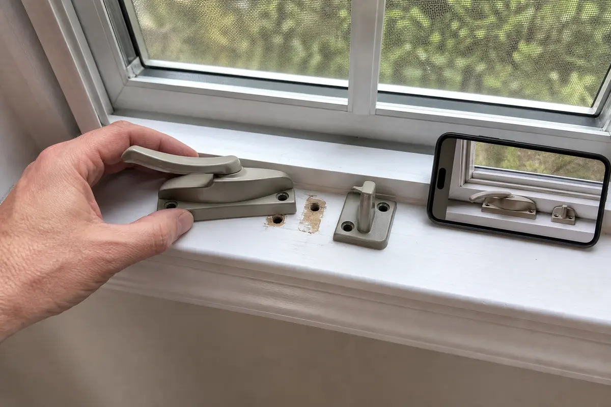 Replacement casement window lock handle dry-fit to check screw spacing keeper alignment and flat fit