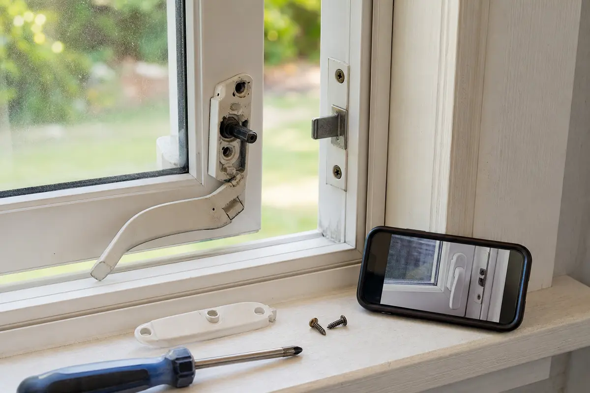 Broken or loose casement window lock handle with screw holes and sound surrounding frame before replacement
