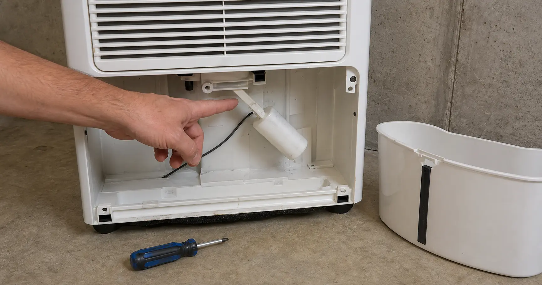 Dehumidifier bucket bay with float arm and switch contact area exposed