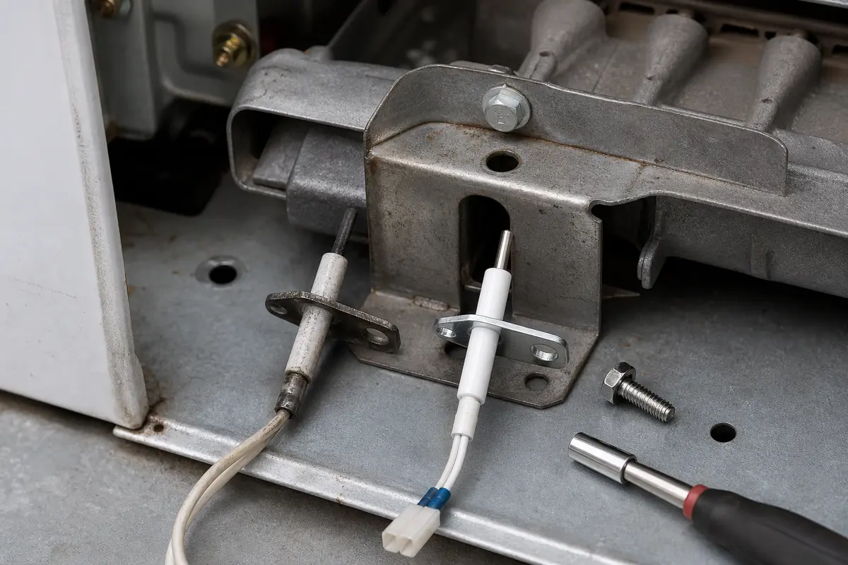 Replacement dryer flame sensor lined up with the burner housing before fastening