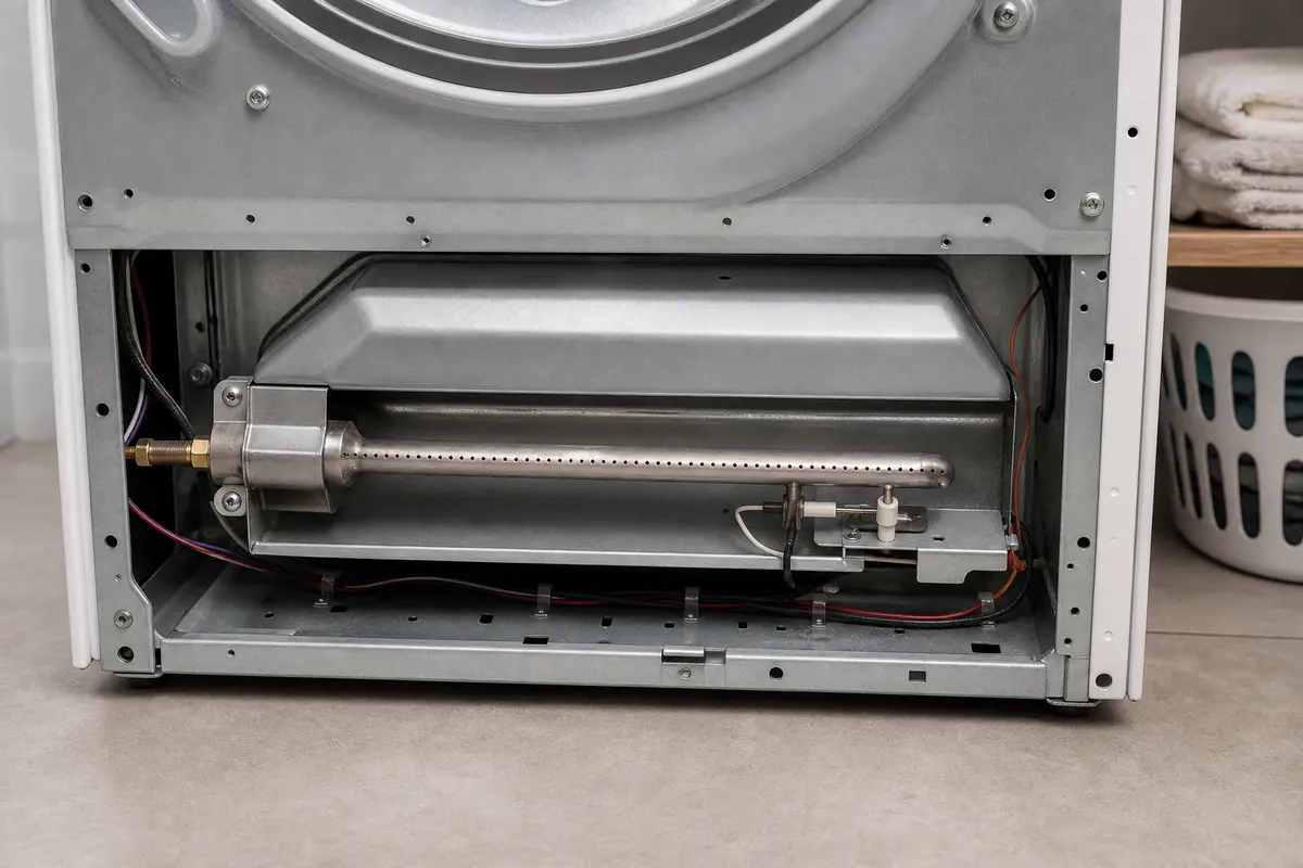Gas dryer burner housing with flame sensor location visible before replacement