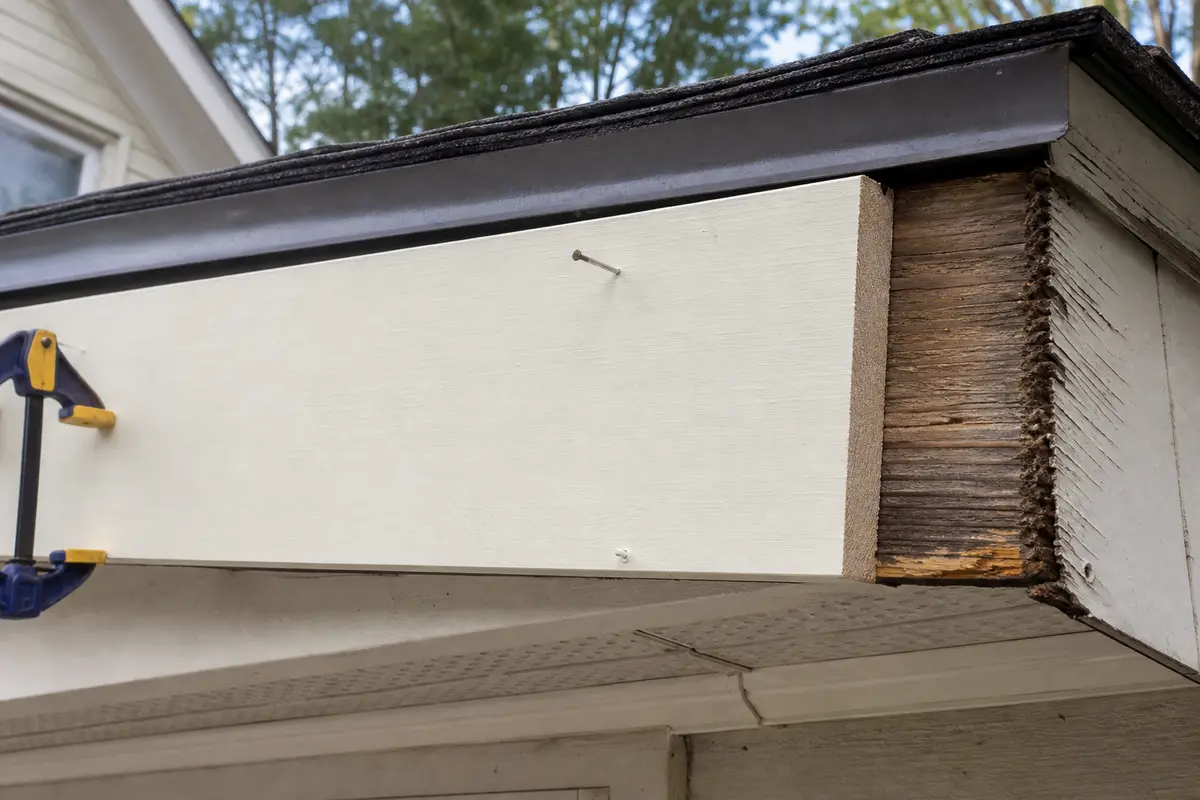 new fascia board dry-fit under drip edge before gutter brackets are reinstalled