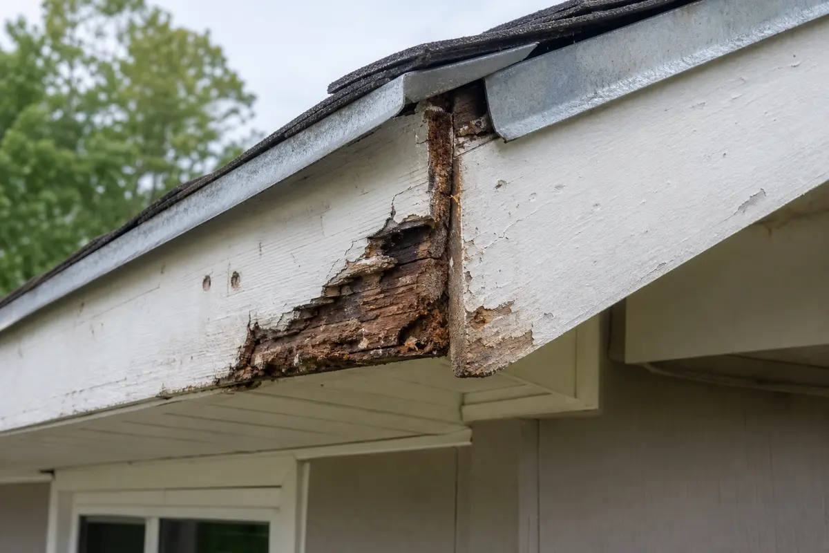 soft fascia board at the roof edge with gutter fastener area checked before replacement