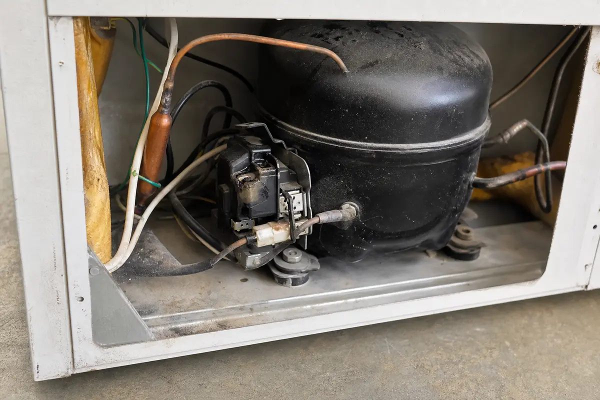 Darkened freezer start relay area beside compressor terminals