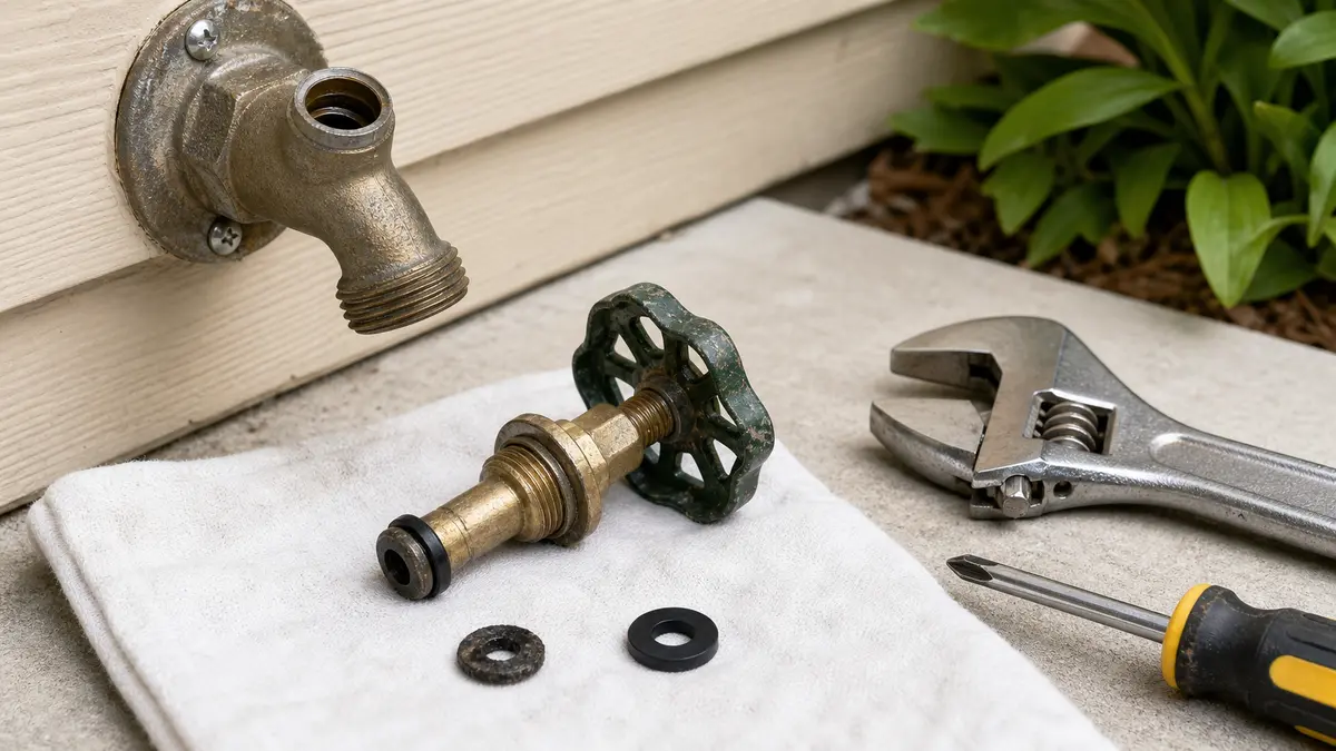 Outdoor hose bib stem removed with replacement washers and hand tools nearby