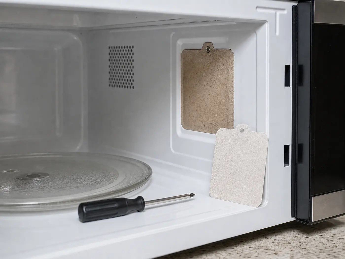 Microwave interior with mica waveguide cover on the side wall and replacement cover nearby