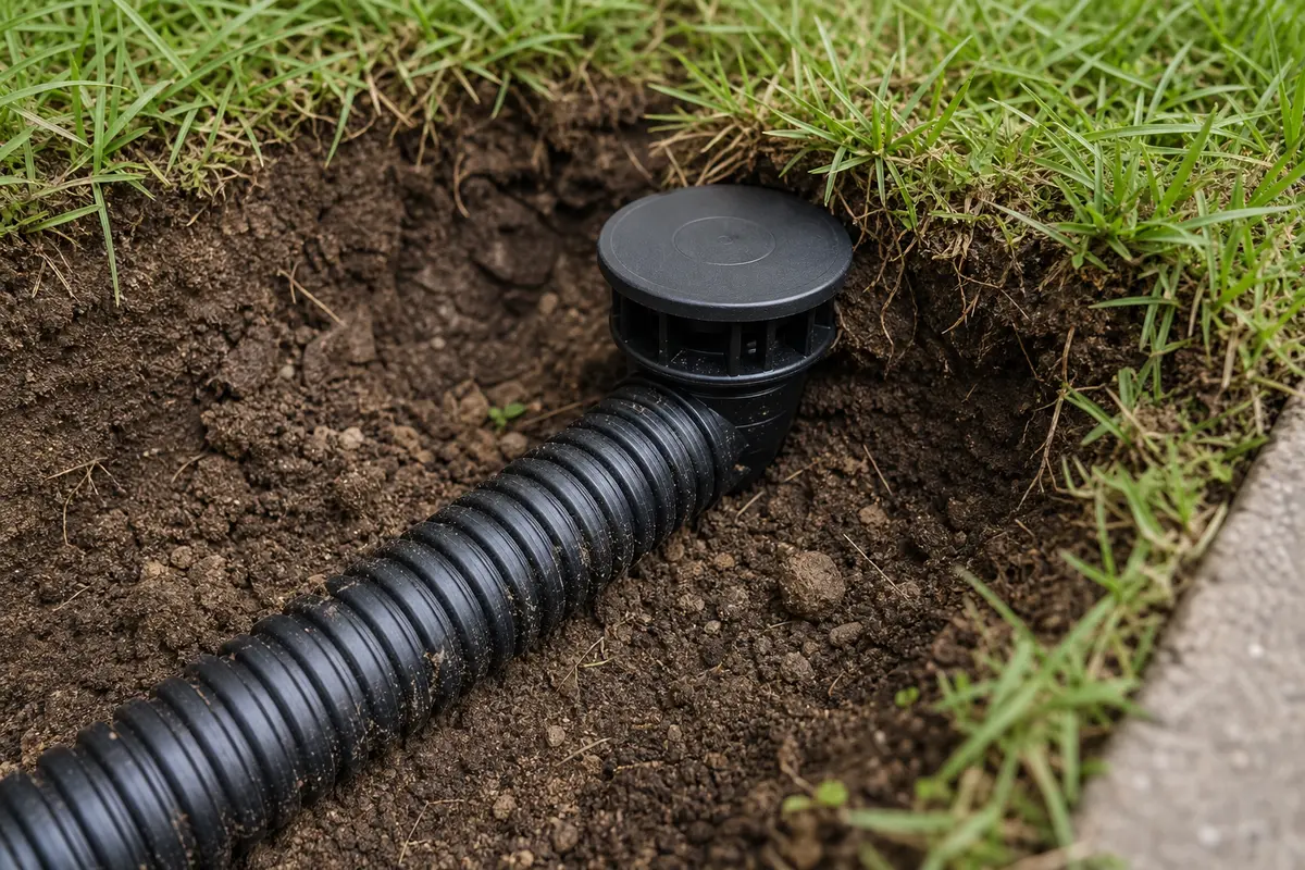 New pop up emitter dry fit at lawn grade beside exposed drain pipe