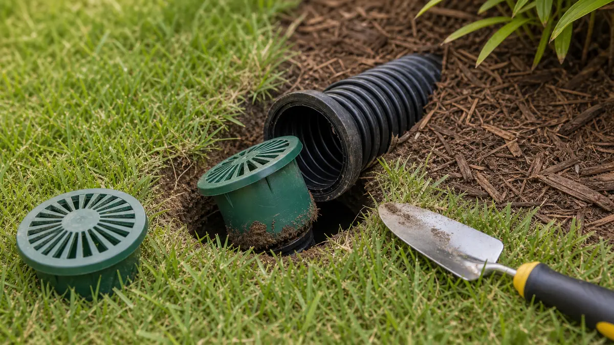 Landscape drainage pop-up emitter removed from a corrugated pipe with replacement nearby