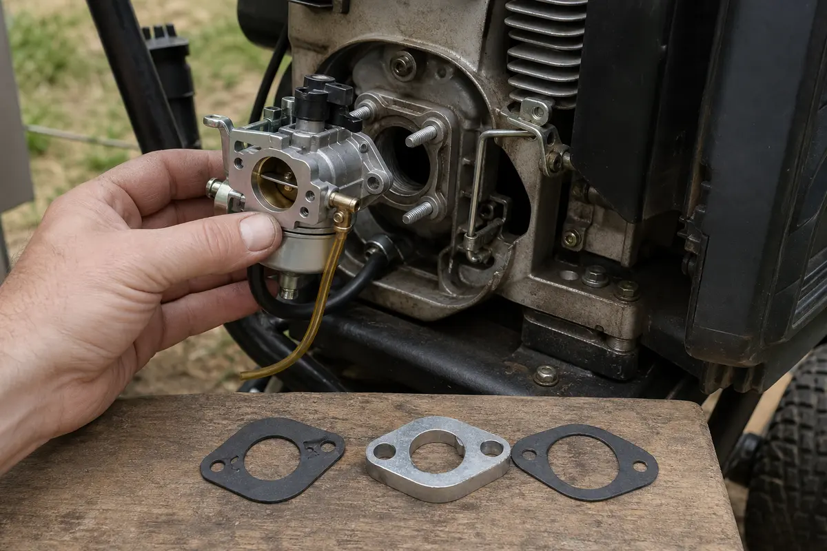 Replacement pressure washer carburetor dry-fit on intake studs with gaskets nearby