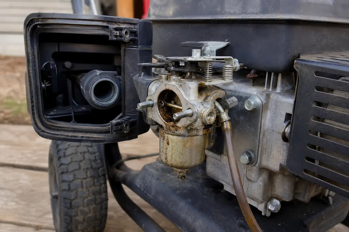 Dirty pressure washer carburetor exposed with air cleaner removed