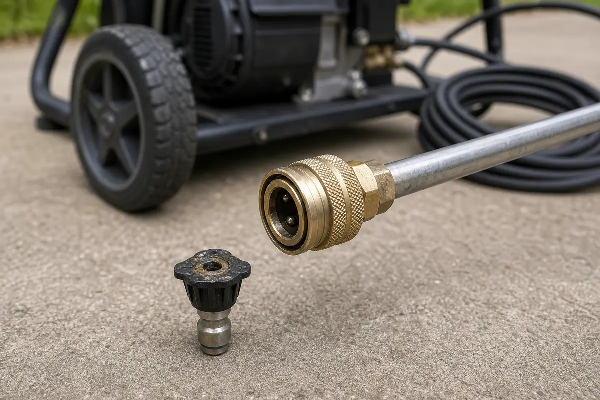 Clogged pressure washer spray nozzle tip beside a quick-connect wand coupler