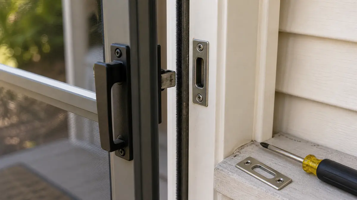 Screen door latch aligned with a metal strike plate on the door jamb