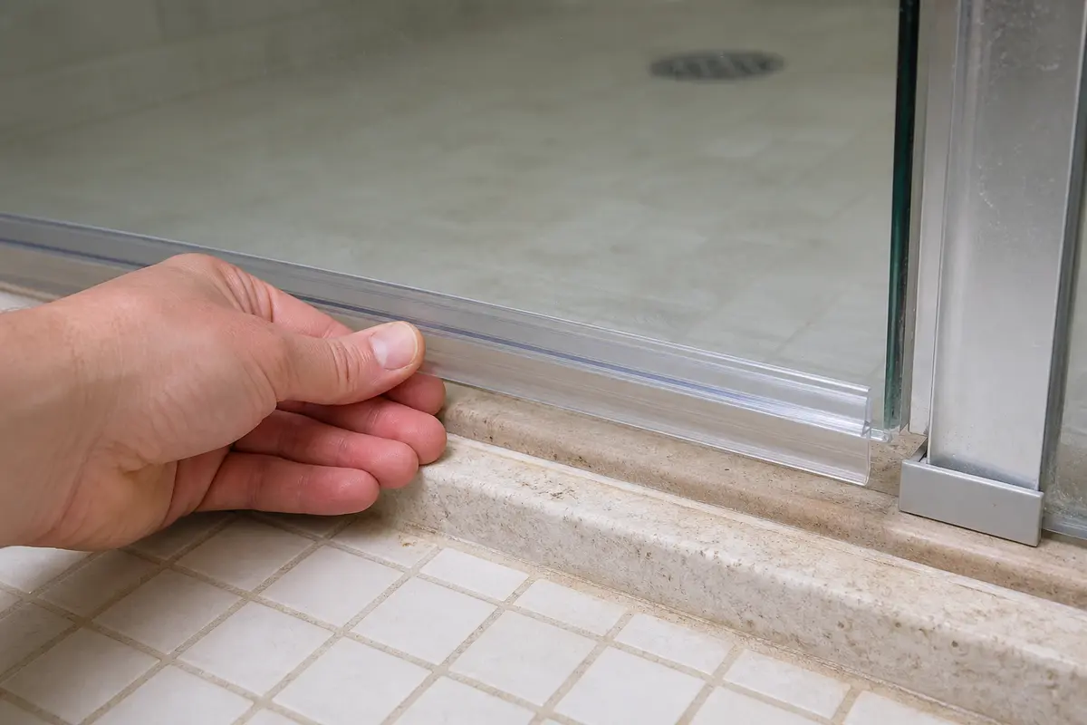 New shower door sweep dry-fitted on glass with the drip fin aimed toward the threshold