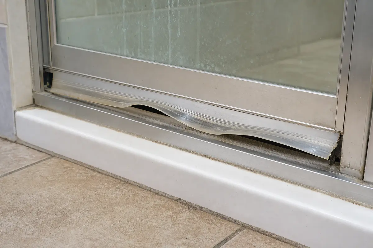 Cracked shower door sweep at the bottom edge where water leaks past the threshold