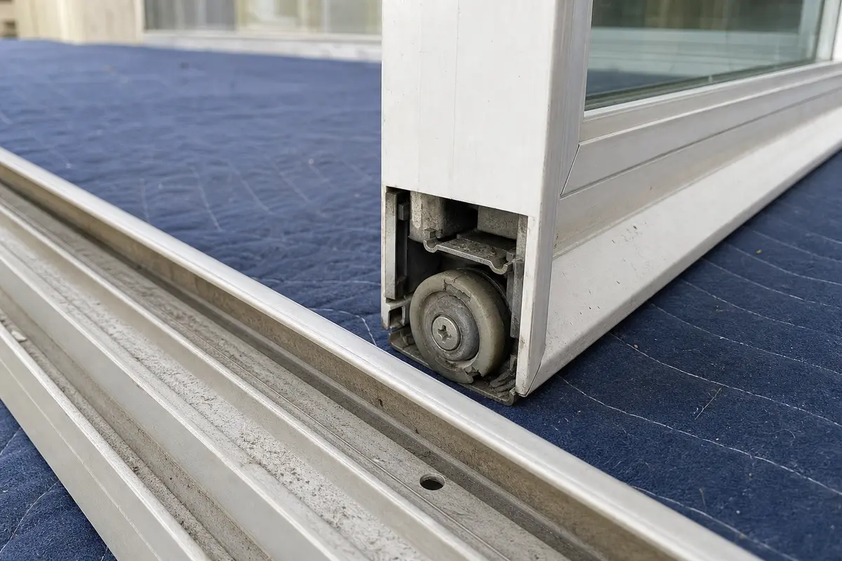 Worn sliding window roller at the lower sash corner with sound surrounding rail
