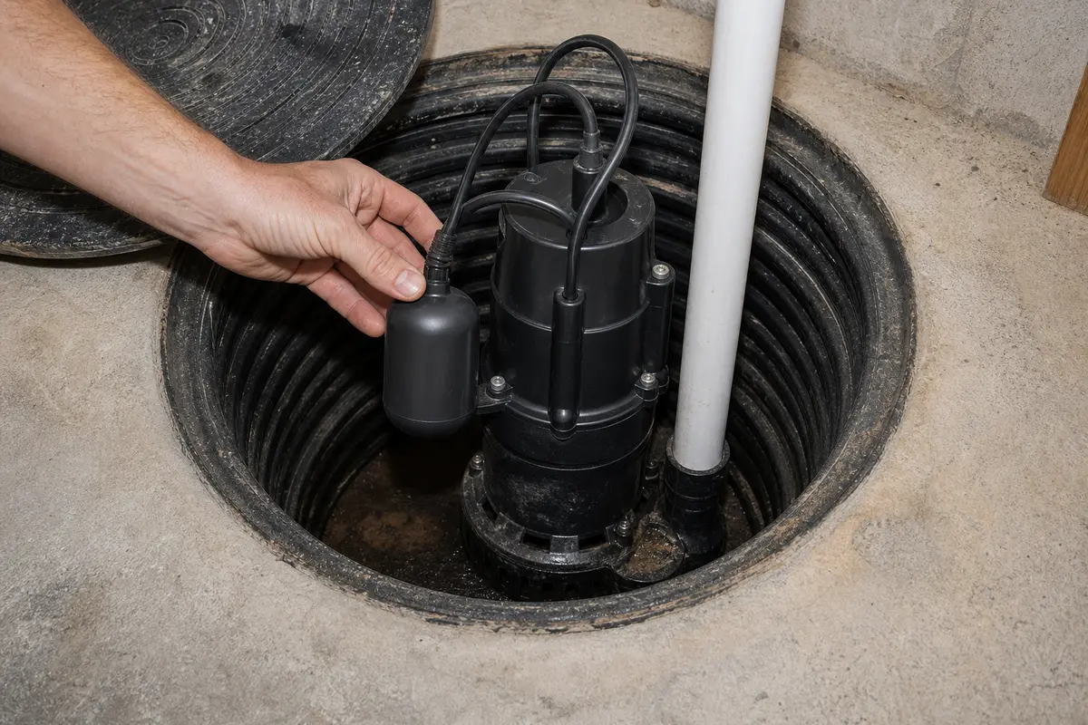 sump pump float switch dry-fit before final fastening or reassembly