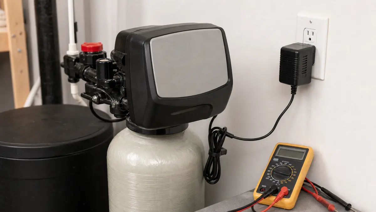Water softener control head with plug-in transformer and multimeter nearby