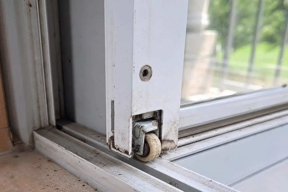 worn window sash roller assembly at the lower sash corner before replacement