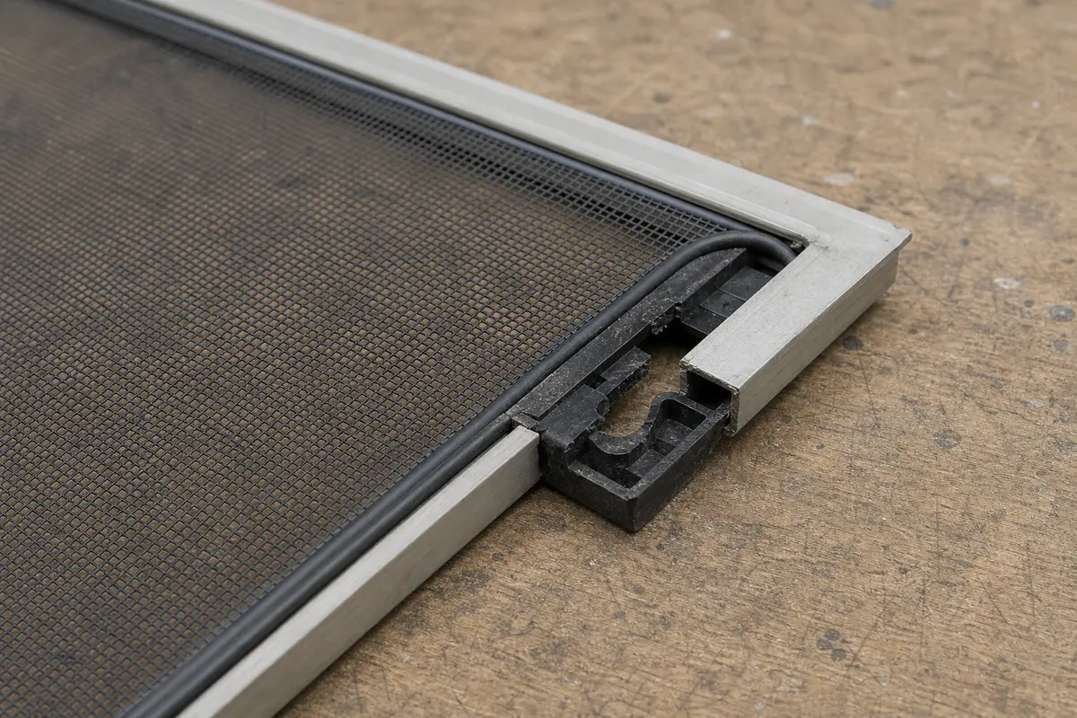 Cracked window screen frame corner insert exposed in an aluminum frame