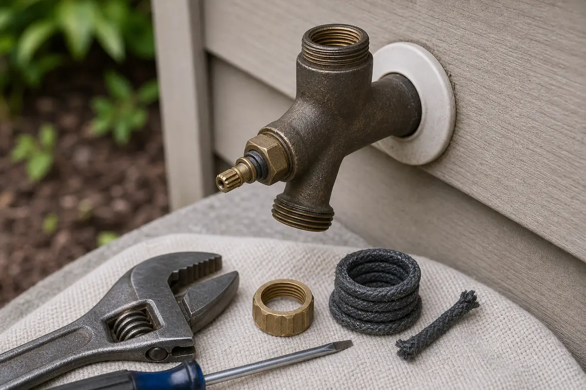 Hose bib stem exposed with packing nut, graphite packing, wrench, and screwdriver
