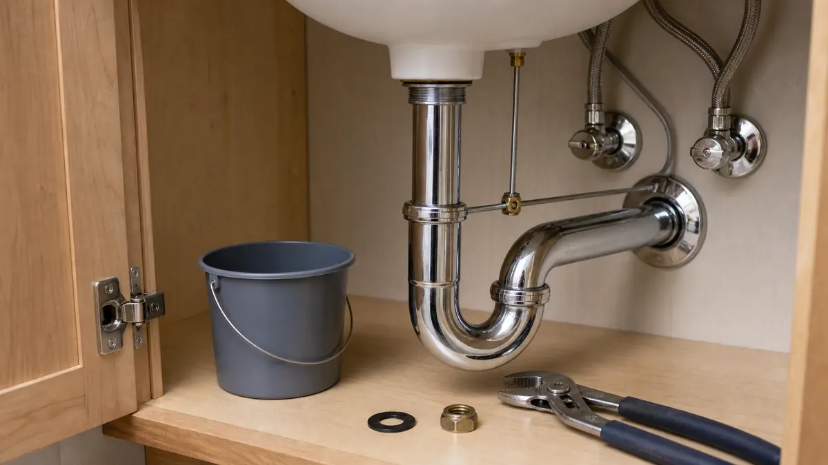 Bathroom sink drain tailpiece and pop-up pivot rod assembly under a vanity