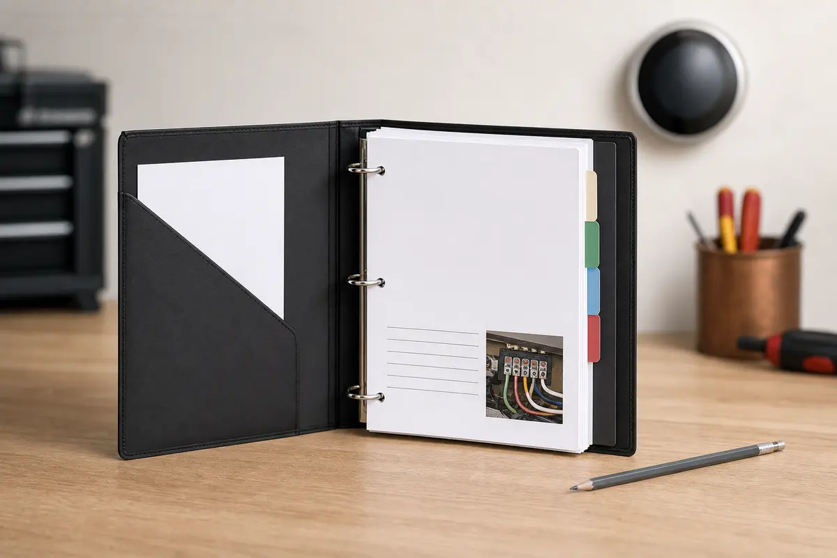 Thermostat owner guide binder with model notes and wiring photo
