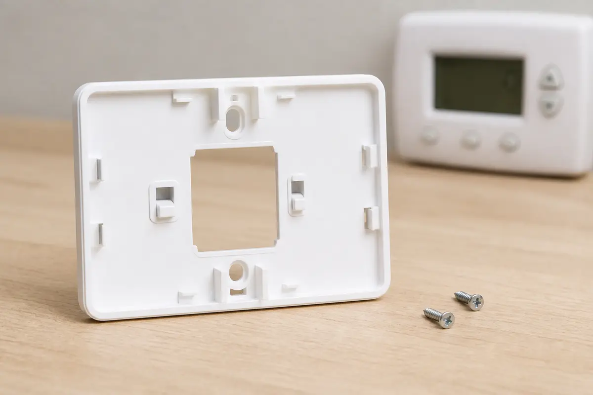 Compatible thermostat wall plate with mounting holes and screws