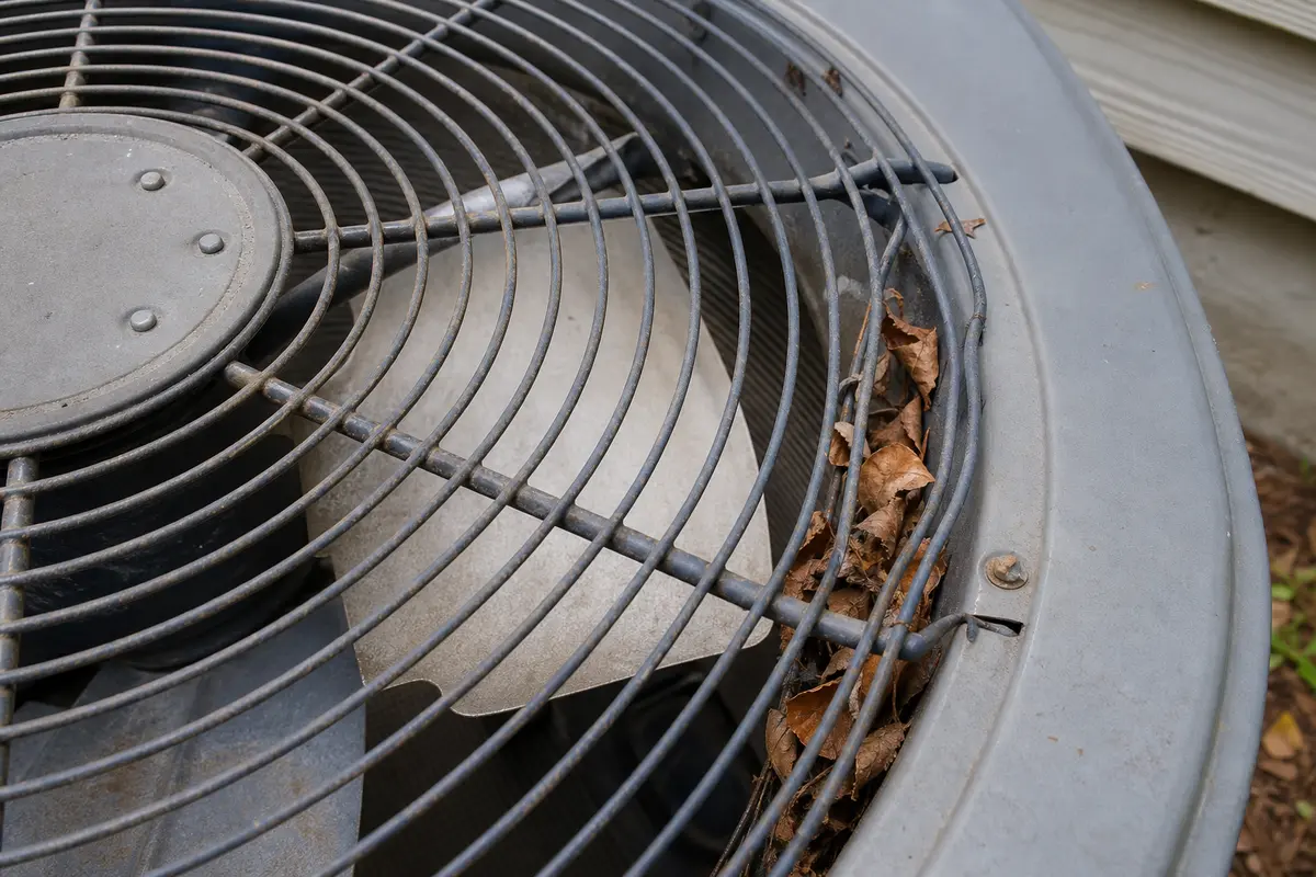 Debris near an outdoor AC fan guard that can make clicking noise
