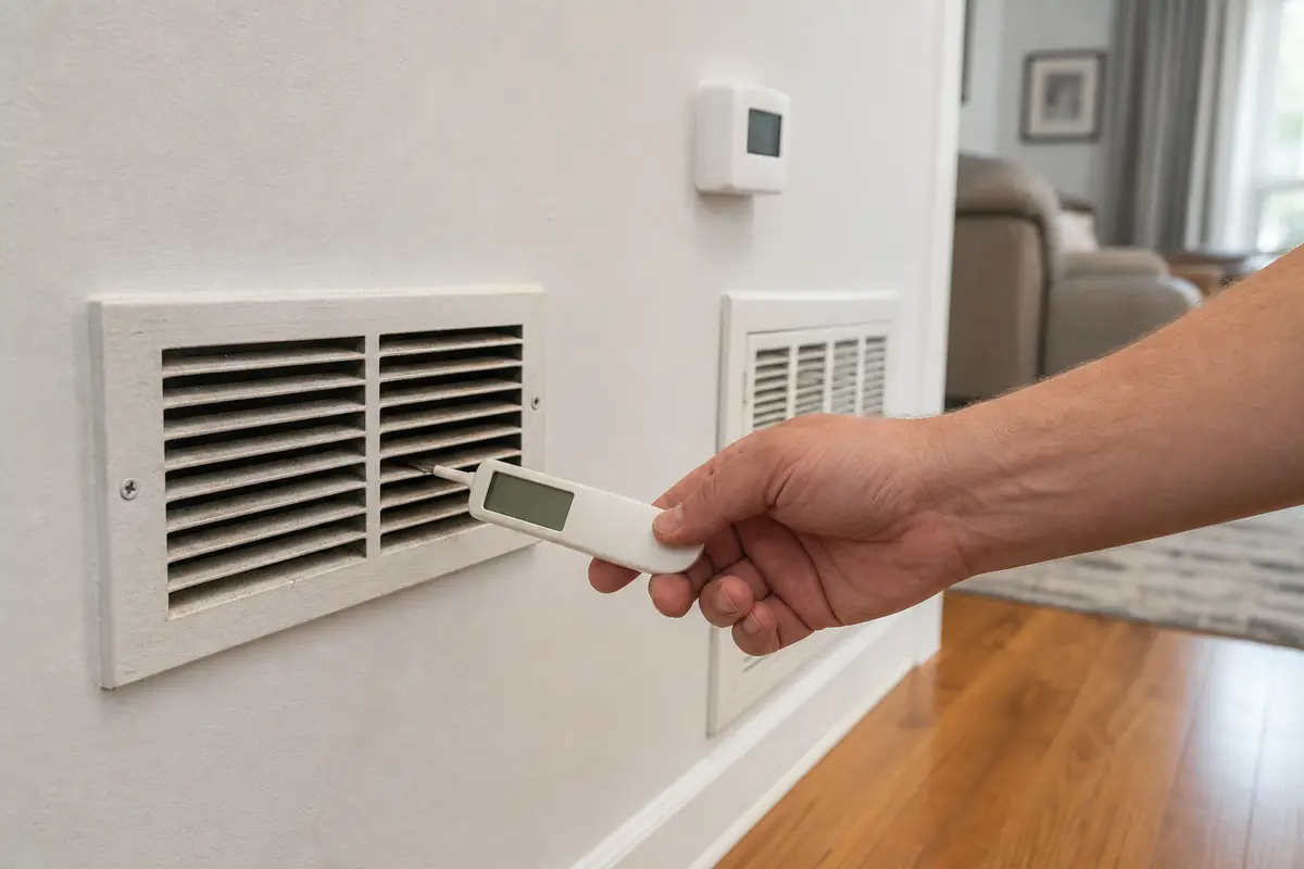 Thermostat and room-temperature check for constant AC compressor runtime