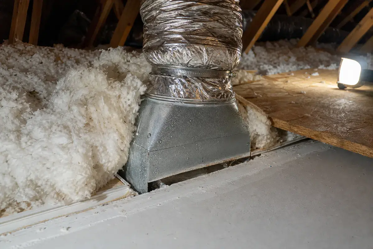 Attic supply boot insulation checked above a dripping AC register