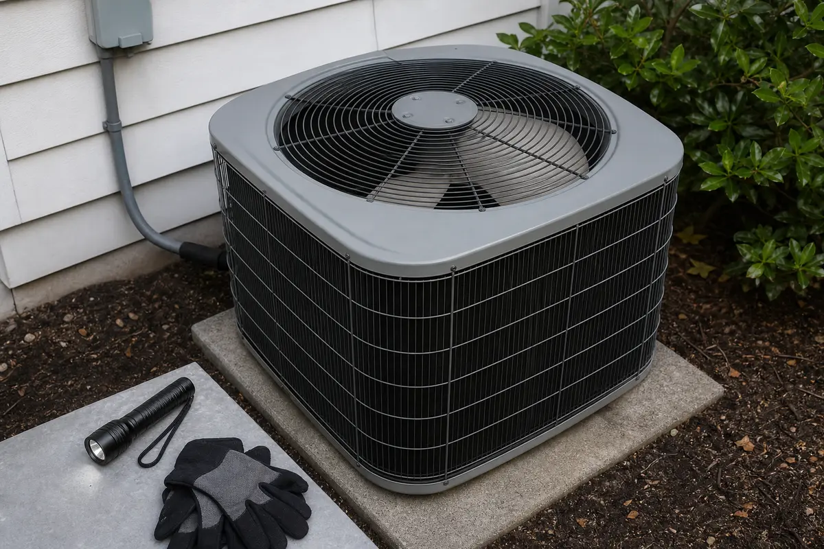 Outdoor AC condenser with a stationary fan visible through the top grille for a humming no-spin diagnosis